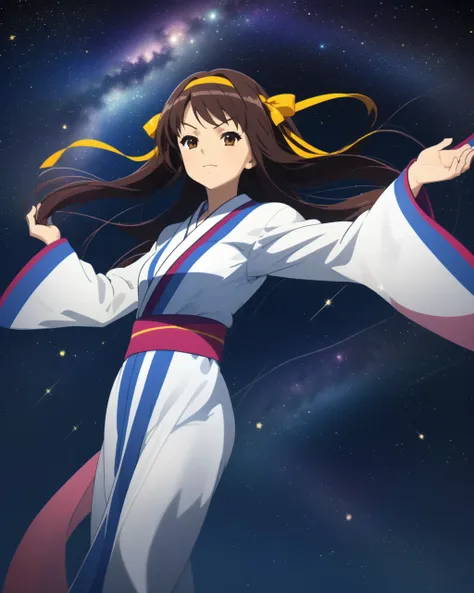 masterpiece, best quality, solo, detailed, 1girl, light blue kimono, open eyes, looking at viewer, facing viewer, open hands, Haruhi Suzumiya, clouds, light particles, celestial maiden robe, front view, upper body only, japanese style, long sleeves, milky way background, starry sky, night, floating in space <lora:celestial_maiden_robe:0.9>, <lora:HaruhiSuzumiya:1>