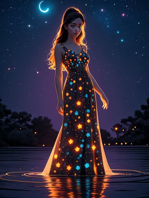 breathtaking 1girl, standing on shallow water, dark moonless sky background, dress hems floating gently on the surface of the water, <lora:_20231008103644:0.8> glowing body, in dark, neon lamp <lora:GEMSHADOW-noise-common:0.8> gemshadow <lora:celestial_maiden_robe:0.7> celestial maiden robe , masterpiece, award-winning, professional, highly detailed, <lora:lcm-lora-sdv1-5:0.7>