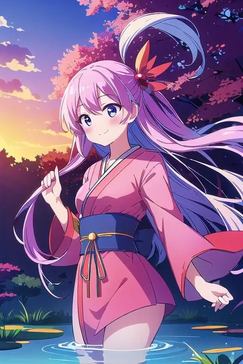 masterpiece,best quality, girl,blush,smile,red celestial maiden robe,floating feather ,<lora:celestial_maiden_robe:0.7>,cloud,forest,pond,floating on water surface,sunset