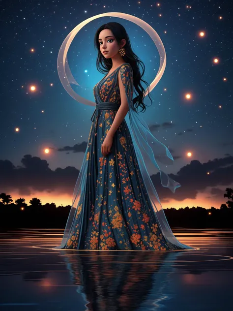 breathtaking 1girl, standing on shallow water, dark moonless sky background, <lora:GEMSHADOW-noise-common:0.8> gemshadow <lora:celestial_maiden_robe:0.8> celestial maiden robe, masterpiece, award-winning, professional, highly detailed, <lora:lcm-lora-sdv1-5:0.7>