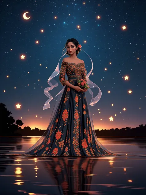 breathtaking 1girl, standing on shallow water, dark moonless sky background, dress hems floating gently on the surface of the water, <lora:GEMSHADOW-noise-common:0.8> gemshadow <lora:celestial_maiden_robe:0.9> celestial maiden robe, masterpiece, award-winning, professional, highly detailed, <lora:lcm-lora-sdv1-5:0.7>
