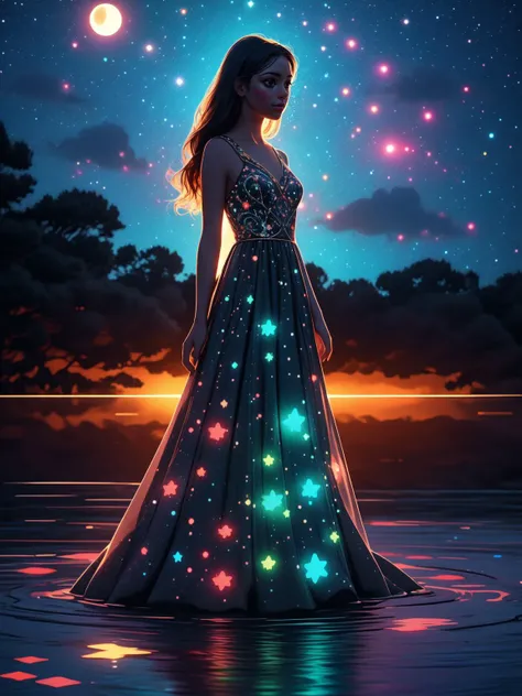 breathtaking 1girl, standing on shallow water, dark moonless sky background, dress hems floating gently on the surface of the water, <lora:_20231008103644:0.8> glowing body, in dark, neon lamp <lora:GEMSHADOW-noise-common:1> gemshadow <lora:celestial_maiden_robe:0.7> celestial maiden robe , masterpiece, award-winning, professional, highly detailed, <lora:lcm-lora-sdv1-5:0.7>
