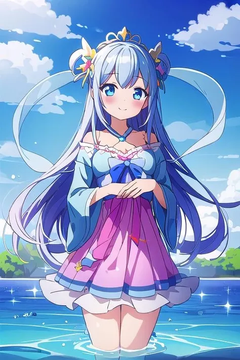 masterpiece,best quality, girl,blush,smile,celestial maiden robe ,blue<lora:celestial_maiden_robe:0.7>,celestial fountain,cloud,stand on water surface