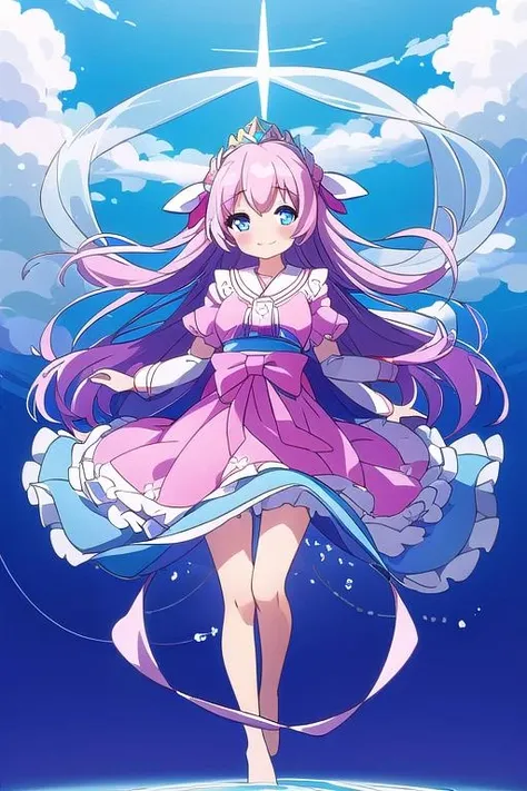 masterpiece,best quality, girl,blush,smile,celestial maiden robe <lora:celestial_maiden_robe:0.7>,celestial fountain,cloud,stand on water surface