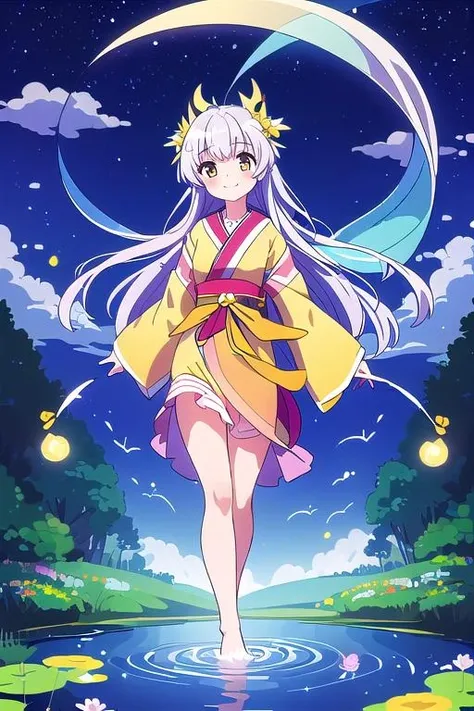 masterpiece,best quality, girl,blush,smile,yellow celestial maiden robe,floating feather ,<lora:celestial_maiden_robe:0.7>,cloud,forest,pond,walking on water surface,moonlight,fullmoon,firefly