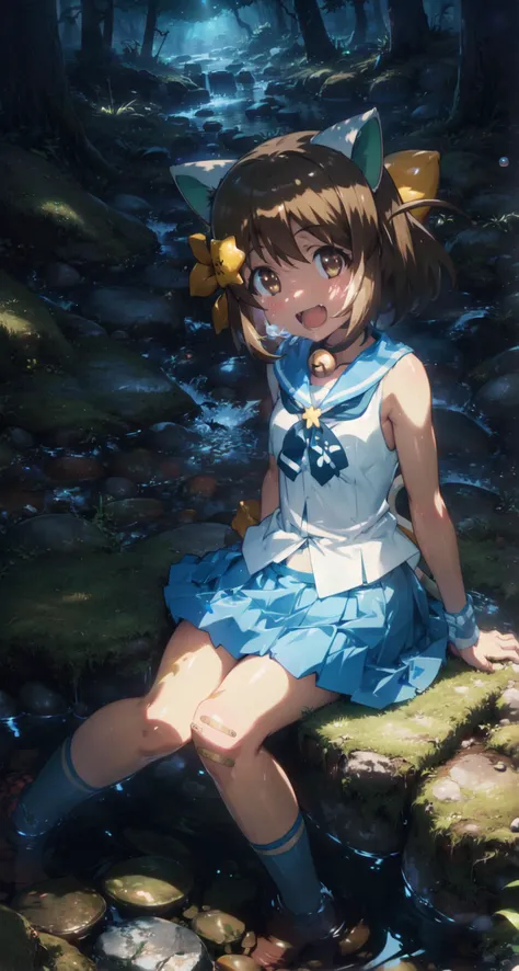 cinematic lighting, <lyco:lighting_loha:0.2>, beautiful detailed eyes, best quality, lineart,
Nyaa-tan, 1girl, solo, bandaid on knee, bandaid on leg, skirt, hands on hips, open mouth, bandaid, cat tail, bell, smile, socks, Stream, Moss, small pebble ,Forest,Happy,Water, Bubble, paddy field, cowboy shot, shiny skin, skindentation, smile, open mouth, teeth, (sitting:1.2),