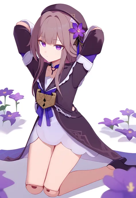 score_9,herta \(honkai star rail\),1girl,doll joints,beret,black headwear,purple flower,kneeling,arms behind head,seiza,solo,looking at viewer,flower,full body,simple background,white background,,solo,hair flower,looking at viewer,long sleeves,<lora:pony_char_herta_(honkai_star_rail)-000020:1>