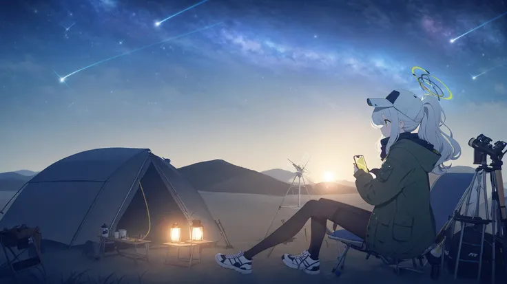 1girl, <lora:hare_(blue_archive)_image423_2023-11-26:0.65>, hare \(blue archive\), hare \(camp\) \(blue archive\),
,
solo, profile, wide shot,
sitting, looking afar, holding phone,
,
official alternate costume, green jacket, open jacket, hood, hood down, black scarf, long sleeves, shirt,
ass, black pantyhose, black panties, sneakers,
,
black halo, green halo, multicolored halo, two-tone halo, halo, baseball cap, white headwear,
grey hair, white hair, long hair, ponytail,
green eyes, closed mouth, blush, nose blush, light smile,
,
scenery, night, outdoors, folding chair, grasslands, grass, star \(sky\), starry sky, night sky, shooting star, wind turbine, milky way, tent, telescope, cup, kerosene lamp,
,
highres, absurdres, best quality, flat coating, clear color, cool tone,