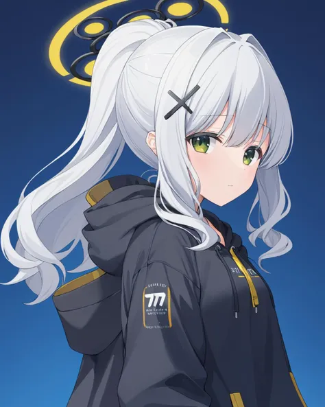 hare \(blue archive\),1girl, solo, halo, hair_ornament, ponytail, closed_mouth, looking_at_viewer, simple_background, jacket, upper_body, hood_down, black_hoodie, blue_background, explosive, :<, open_clothes, sidelocks
<lora:hare_(blue_archive)_image423_2023-11-26:1>halo. gorgeous,key visual, vibrant, studio anime,award-winning, professional, highly detailed,high budget, cinemascope