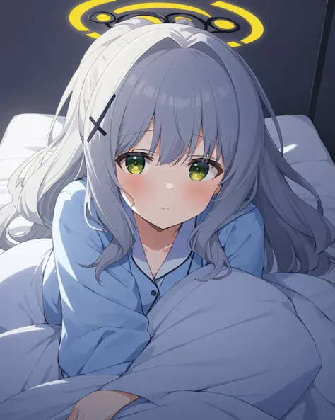 hare \(blue archive\),1girl, solo, halo, on_stomach, blush, looking_at_viewer, under_covers, closed_mouth, bed_sheet, long_sleeves, shirt, x_hair_ornament, pajamas, pillow_hug, blanket, on_bed
<lora:hare_(blue_archive)_image423_2023-11-26:1>halo. gorgeous,key visual, vibrant, studio anime,award-winning, professional, highly detailed,high budget, cinemascope