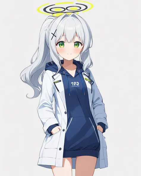 breathtaking,hare \(blue archive\),1girl, solo, looking at viewer, blush, smile, simple background, hair ornament, long sleeves, white background, closed mouth, jacket, ponytail, heart, cowboy shot, hoodie, halo, spoken heart, hands in pockets, labcoat
<lora:Hare_image109_v1-000040:1> , . gorgeous,key visual, vibrant, studio anime,award-winning, professional, highly detailed,high budget, cinemascope