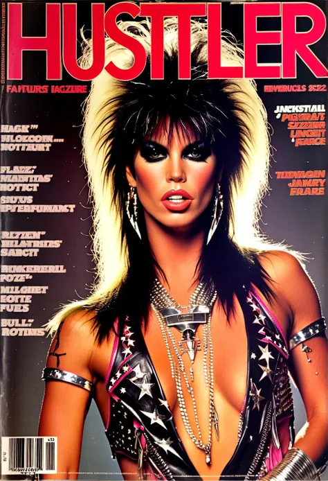 hustler magazine cover,1girl as glam rockstar, mötley crüe, sexy pose, january 1982 ,upper body, masterpiece, (portrait:1.1),80s,,,