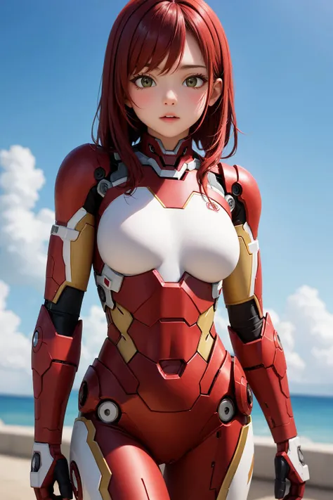 (best quality, masterpiece, perfect face), intense red hair, sexy 18 years old girl, medium breasts, in ironman suit