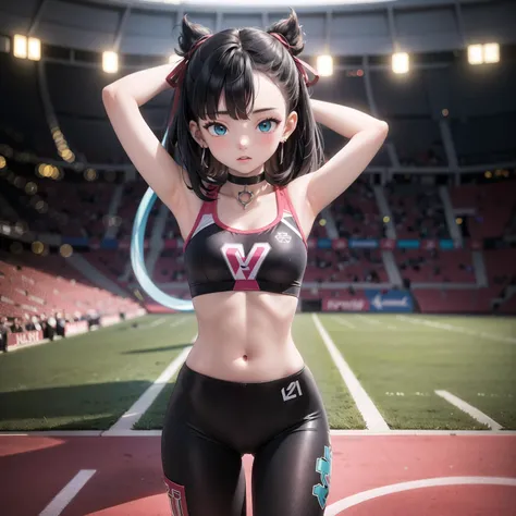 (masterpiece), vivid, vibrant colors,1girl, elegant, stadium, <lora:marnie_v1:0.55>,(hmmarnie), aqua eyes, black choker, red ribbon, earrings, jewelry, midriff, extremely undersized sports bra, bare shoulders, pants, extremely undersized leggings,(stretching), visually stunning, blurred background, tilt shift, matte painting, bokeh