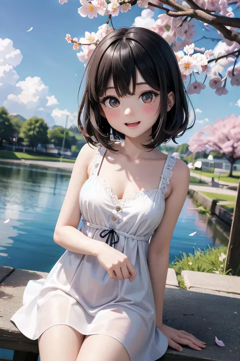 <lyco:GoodHands:1.0>, <lora:add_detail:0.3>, (masterpiece), best quality, natural lighting, nature, lake, blue sky, cherry blossom, 1girl, solo, medium breasts, medium hair, black hair, white dress, blush, embarassed, open mouth, smile, dutch angle