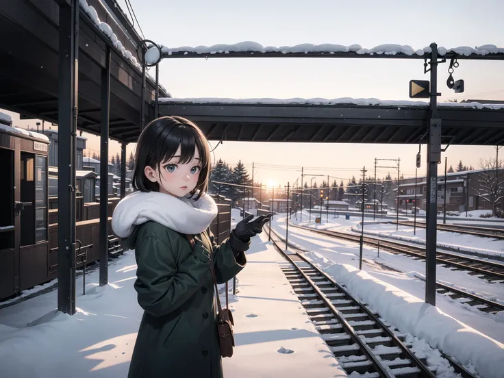 (masterpiece), 1girl, elegant, winter, train platform, snowing, thick cloths, gloved, breath vapor, blurred background, tilt shift, matte painting, visually stunning, bokeh