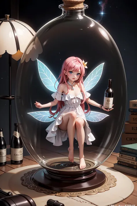 (masterpiece, top quality, best quality, official art, beautiful and aesthetic:1.2), (a big bottle in the night sky, inside the bottle there's small fairy)