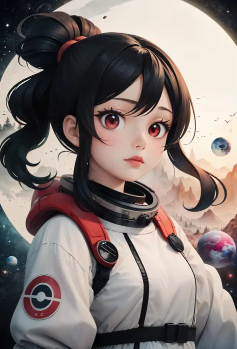 masterpiece, best quality, 1girl, solo, black hair, red eyes, space suit , scenery, ink, <lora:Ink scenery:1>