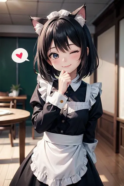 <lyco:EnvyBetterHands:1.0>, <lora:add_detail:0.3>, (masterpiece), best quality, detailed background, cinematic lighting, indoor, 1girl, maid uniform, medium hair, black hair, cat ears, very cute, blush, one eye closed, cat smile, cat pose, spoken heart