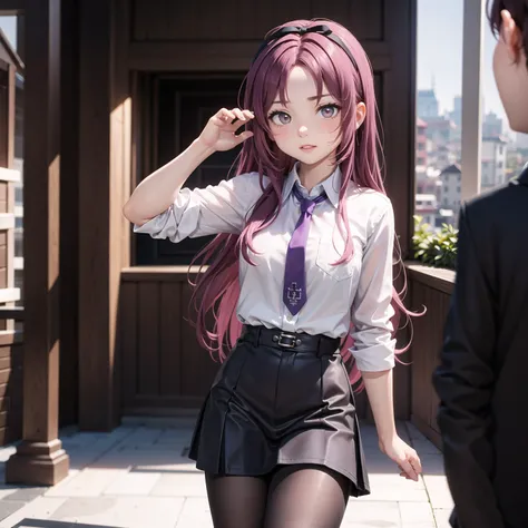 (masterpiece), vivid, vibrant colors, 1girl, elegant, renne_kuro, hair ribbon, blue necktie, unbuttoned white shirt, black skirt, black pantyhose, cross-laced boots <lora:renne-nvwls-v1:0.9>, mischievous, purple long hair, lips closed, eyebrows down, visually stunning, blurred background, tilt shift, matte painting, bokeh,