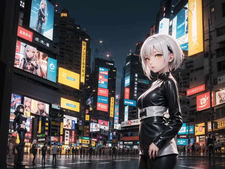 (masterpiece), 8K UHD wallpaper, vivid, vibrant colors, cyberpunk, 1girl, elegant, gradient white hair, yellow eyes , night, neon lights, futuristic, cyborg, law enforcer, aircraft,visually stunning, blurred background, tilt shift, matte painting, bokeh, cross road, arasaka