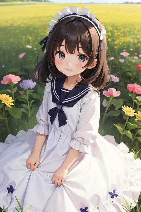 adorable in a field of flowers, ruffled dress, surrounded by flowers, sailor collar, ruffled headdress