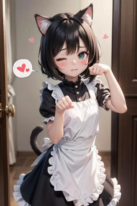 <lyco:EnvyBetterHands:1.0>, <lora:add_detail:0.3>, (masterpiece), best quality, detailed background, cinematic lighting, indoor, 1girl, petite, maid uniform, (frills:1.3), puffy sleeves, lace, lace trim, medium hair, black hair, cat ears, cat tail, very cute, (blush:1.2), embarassed, cat mouth, one eye closed, cat pose, paw pose, (spoken heart:1.2)