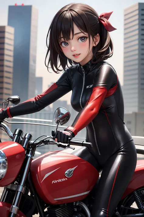 masterpiece, best quality, ultra detailed, highres, extremely detailed CG unity 8k wallpaper, perfect lighting, very detailed background, beautiful and aesthetic,sharp focus, perfect face, dynamic pose, dynamic angle, realistic,
1girl, full body, medium hair, black hair, red bikesuit, on motorcycle, ride on motorcycle, hair ribbon, looking at viewer, full-face blush, :o, smile,
cityscape,
