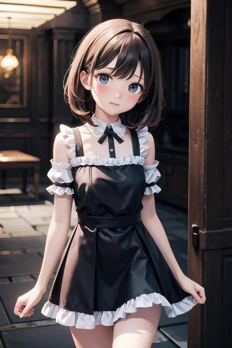 <lyco:EnvyBetterHands:1.0>, <lora:add_detail:0.3>, (masterpiece), best quality, detailed background, cinematic lighting, 1girl, solo, extremely cute, embarassed, blush, medium hair, dress, frills