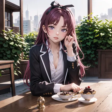(masterpiece), vivid, vibrant colors, 1girl, elegant, renne_sen, (hair ribbon), right hand supporting head, round table full of desserts, sitting, black jacket, unbuttoned purple shirt, unbuttoned short sleeves, white skirt, thigh band, sitting, round table, tea party, garden, outdoors, <lora:renne-nvwls-v1:0.9>, mischievous, purple pink long hair, eyebrows down, visually stunning, blurred background, tilt shift, matte painting, bokeh,