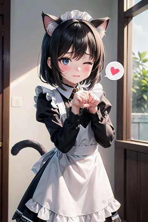 <lyco:EnvyBetterHands:1.0>, <lora:add_detail:0.3>, (masterpiece), best quality, detailed background, cinematic lighting, indoor, 1girl, petite, maid uniform, frills, puffy sleeves, lace, lace trim, medium hair, black hair, cat ears, cat tail, very cute, (blush:1.2), embarassed, cat mouth, one eye closed, cat pose, paw pose, (spoken heart:1.2)