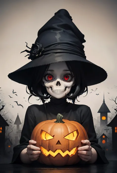 (masterpiece, best quality), 1girl, solo, black haiar, red eyes, helloween themed background, <lora:Ink scenery:0.8> scenery, ink, in the background( a old spooky house, pumpkin, skeletons, cobweeb, spider)