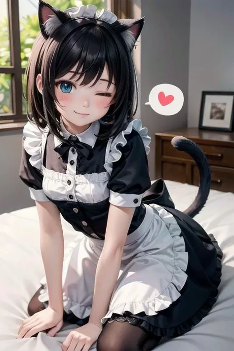 <lyco:EnvyBetterHands:1.0>, <lora:add_detail:0.3>, (masterpiece), best quality, detailed background, cinematic lighting, bedroom, 1girl, maid uniform, frills, lace, lace trim, medium hair, black hair, cat ears, very cute, blush, playful, mischievous, one eye closed, :3 face, cat pose, spoken heart