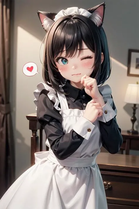<lyco:EnvyBetterHands:1.0>, <lora:add_detail:0.3>, (masterpiece), best quality, detailed background, cinematic lighting, indoor, 1girl, maid uniform, white lace trim, medium hair, black hair, cat ears, very cute, blush, one eye closed, cat mouth, cat pose, spoken heart