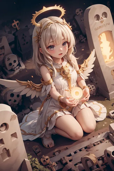 (masterpiece), best quality, high resolution, 1 girl, 1 halo,mythical priestess,giant goddess, big_glowing_wings, golden_energy,long white dress, aura, light_particles:1.5, (graveyard:1.5), ((Enlightenment)), , random_eye_color ,<lora:IvoryGoldAIv2:0.6>  <lora:add_detail:0.6>  <BlessedTech:0.6> (wide-angle lens,Panoramic:1.2)