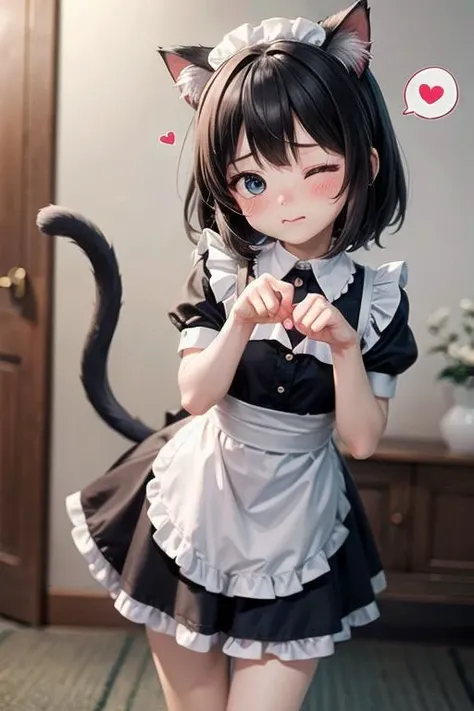 <lyco:EnvyBetterHands:1.0>, <lora:add_detail:0.3>, (masterpiece), best quality, detailed background, cinematic lighting, indoor, 1girl, petite, maid uniform, frills, puffy sleeves, lace, lace trim, medium hair, black hair, cat ears, cat tail, very cute, (blush:1.2), embarassed, cat mouth, one eye closed, cat pose, paw pose, (spoken heart:1.2)
