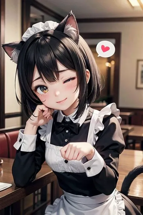 <lyco:EnvyBetterHands:1.0>, <lora:add_detail:0.3>, (masterpiece), best quality, detailed background, cinematic lighting, restaurant, 1girl, maid uniform, frills, lace, lace trim, medium hair, black hair, cat ears, cat tail, very cute, blush, playful, mischievous, one eye closed, cat pose, spoken heart