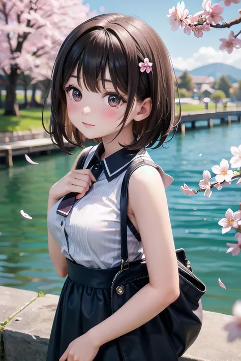 <lyco:EnvyBetterHands:1.0>, <lora:add_detail:0.3>, (masterpiece), best quality, detailed background, cherry blossom, lake, 1girl, cute, blush, medium hair, dark hair, medium breasts