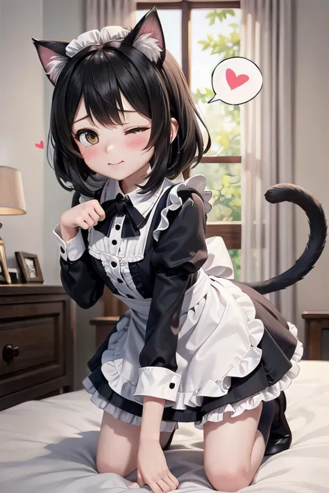 <lyco:EnvyBetterHands:1.0>, <lora:add_detail:0.3>, (masterpiece), best quality, detailed background, dimly lit, bed, 1girl, petite, maid uniform, (frills:1.3), puffy sleeves, lace, lace trim, medium hair, black hair, cat ears, cat tail, very cute, (blush:1.2), embarassed, one eye closed, on knees, kneeling, paw pose, (spoken heart:1.2)