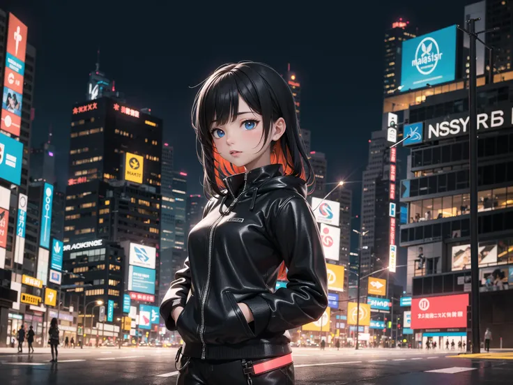 (masterpiece), vivid, vibrant colors, cyberpunk, 1girl, elegant, gradient hair, , night, neon lights,futuristic, cyborg,, visually stunning, blurred background, tilt shift, matte painting, bokeh