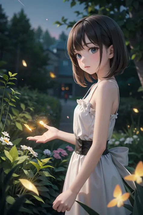 Tilt shift, 1girl, fireflies, flowers, background blur, bokeh, medium shot, visually stunning, matte painting,