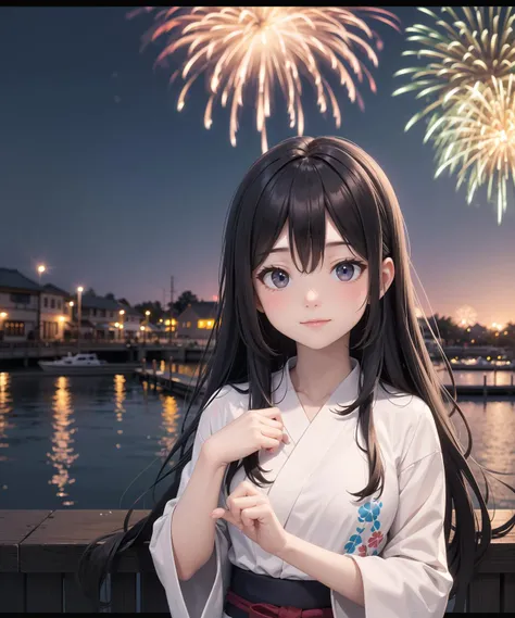 1girl, long hair, hand through hair, summer night, harbour, yukata, fireworks in sky, fireworks, upper body, joy, misty lake, city horizon, blurred background, tilt shift, matte painting, visually stunning