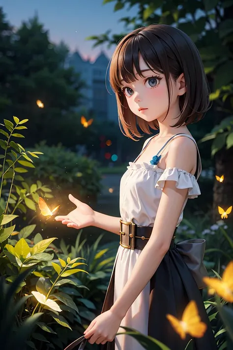 Tilt shift, 1girl, fireflies, flowers, background blur, bokeh, medium shot, visually stunning, matte painting,