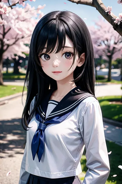 <lyco:EnvyBetterHands:1.0>, <lora:add_detail:0.3>, (masterpiece), best quality, detailed background, cinematic lighting, park, cherry blossoms, 1girl, cute, long hair, black hair, sailor uniform