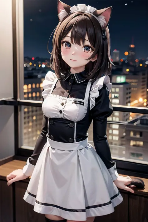 <lyco:EnvyBetterHands:1.0>, <lora:add_detail:0.3>, (masterpiece), best quality, detailed background, natural lighting, city, night, 1girl, blush, cat ears, medium breasts, medium hair, dark hair, maid uniform