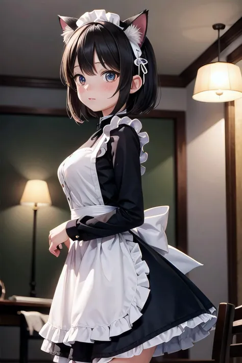<lyco:EnvyBetterHands:1.0>, <lora:add_detail:0.3>, (masterpiece), best quality, detailed background, cinematic lighting, indoor, 1girl, maid uniform, frills, medium hair, black hair, cute, blush, cat ears, medium breasts
