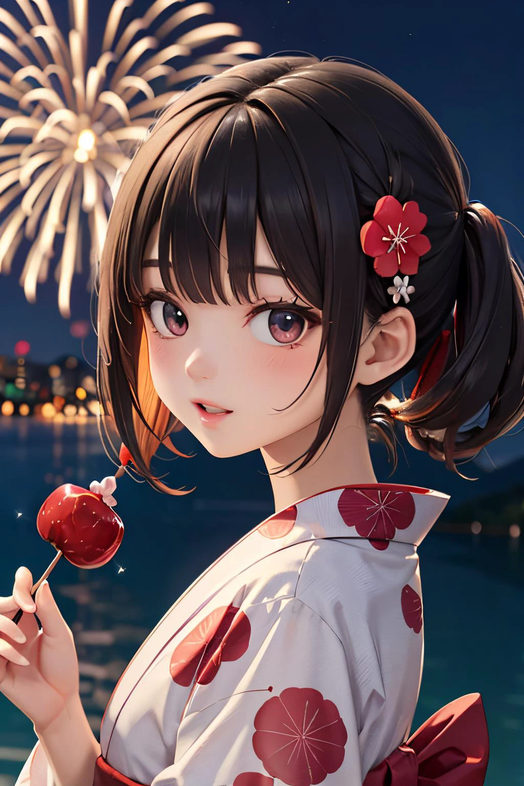 masterpiece, best quality, ultra detailed, highres, extremely detailed CG unity 8k wallpaper, perfect lighting, very detailed background, beautiful and aesthetic,sharp focus, perfect face, dynamic pose, dynamic angle,
1girl, upper body, (portrait:1.1), medium hair, black hair, multicolored yukata, kanzashi, looking at viewer, full-face blush, from side, from below, :o, smile,
night, dark sky, misty lake, mountainous horizon, aerial fireworks, (Full of sky fireworks:1.1), (holding candy apple:1.2)