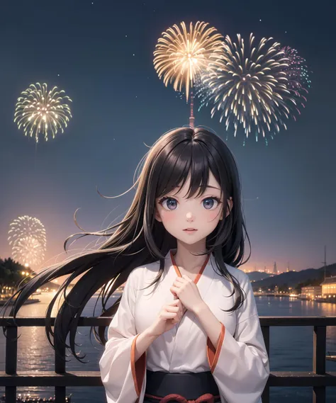 1girl, long hair, hand through hair, summer night, harbour, yukata, fireworks in sky, fireworks, upper body, joy, misty lake, city horizon, blurred background, tilt shift, matte painting, visually stunning