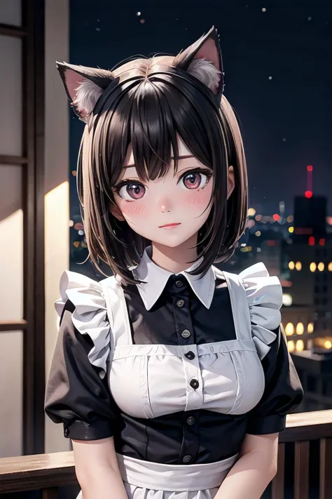 <lyco:EnvyBetterHands:1.0>, <lora:add_detail:0.3>, (masterpiece), best quality, detailed background, natural lighting, city, night, 1girl, blush, cat ears, medium breasts, medium hair, dark hair, maid uniform