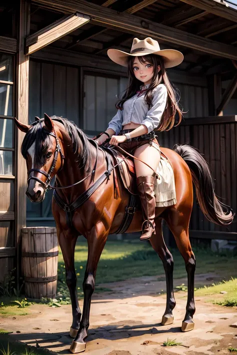 (masterpiece), best quality, high resolution, highly detailed, detailed background, perfect lighting, beautiful scenery, wonderful backround, 1girl, (gorgeous smile), red boots, lasso, stetson, barn yard, horseback, <lora:more_details:1>,
